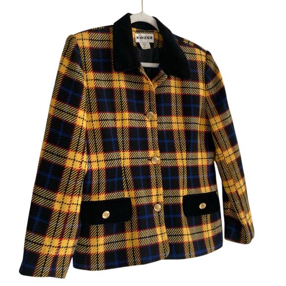 Vintage 90s Joan Leslie Yellow Black Tartan Wool Twill Velvet Blazer Size Medium - Picture 3 of 16